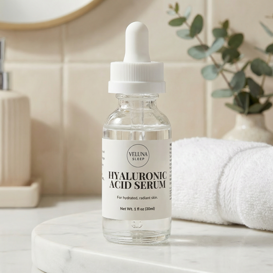 Veluna Hyaluronic Acid Serum on a marble bathroom tray beside a folded white towel and eucalyptus