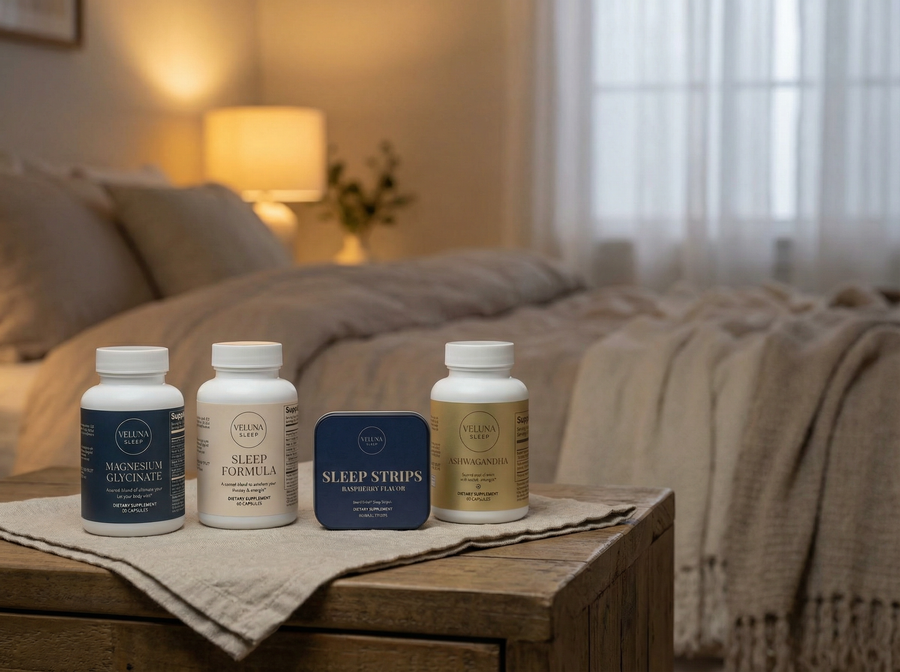 Veluna Mind Calm Full Bundle, magnesium, Sleep Formula, Sleep Strips and Ashwagandha on a bench by a bed