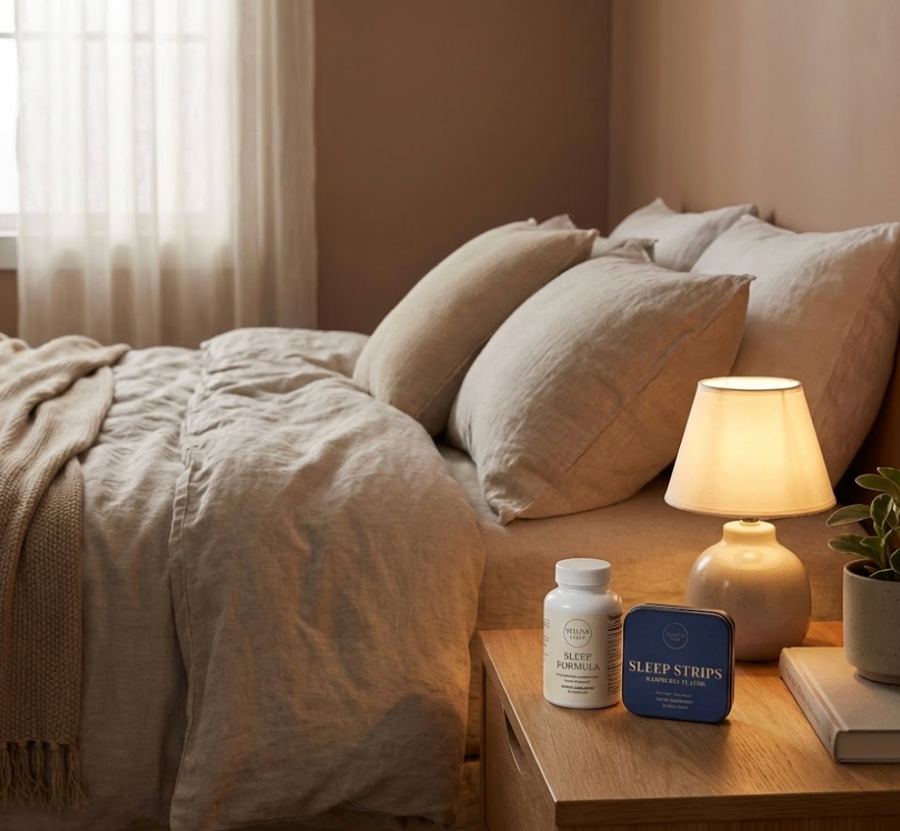 Veluna Mind Calm Booster Bundle, Sleep Formula bottle and Sleep Strips tin on a nightstand by a lit lamp
