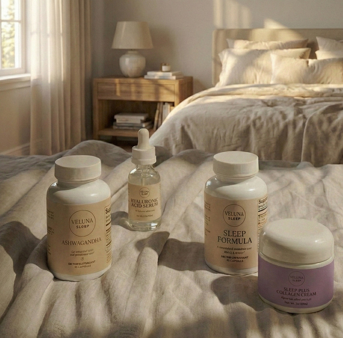 Veluna Sacred Soothe Full Bundle, Ashwagandha, serum, Sleep Formula and night cream on a linen bed in a sunlit room
