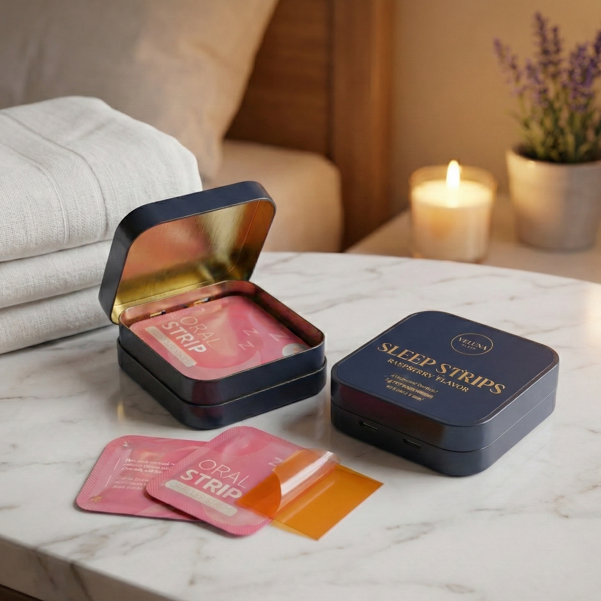 Veluna Melatonin Sleep Strips, open and closed tins with pink pouches on a marble table by a lit candle