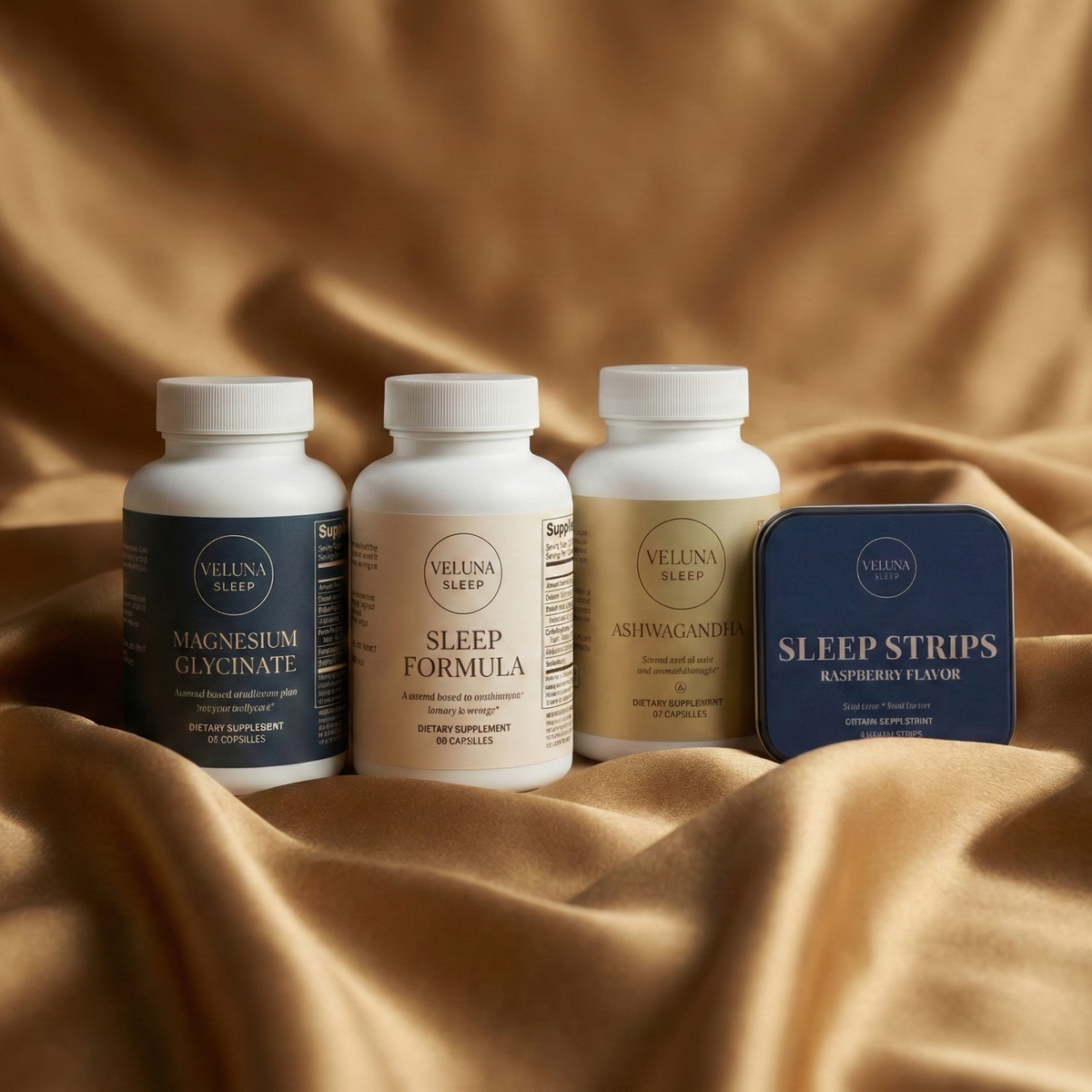 Veluna Mind Calm Full Bundle on satin: Sleep Strips tin, Ashwagandha, Sleep Formula and Magnesium Glycinate bottles