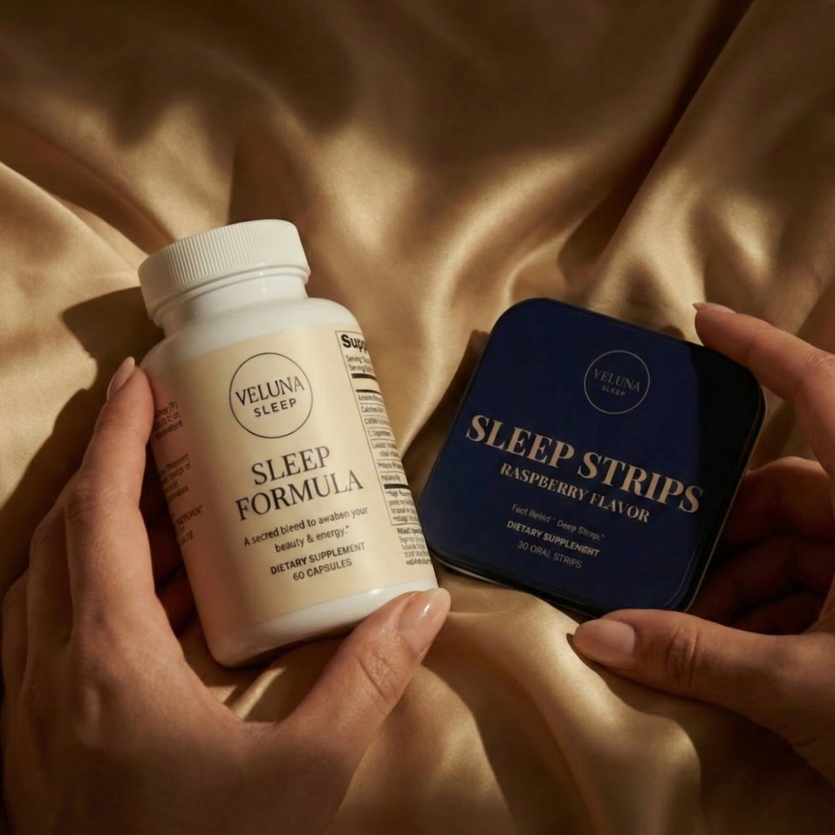 Veluna Mind Calm Booster Bundle, two hands holding the Sleep Formula bottle and Sleep Strips tin over satin