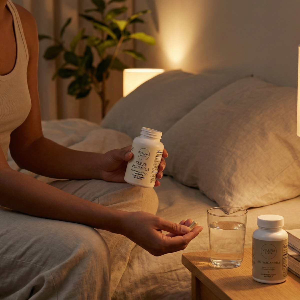 Veluna Sacred Soothe Booster Bundle, a woman on a bed holding Sleep Formula and a capsule, Ashwagandha on the nightstand