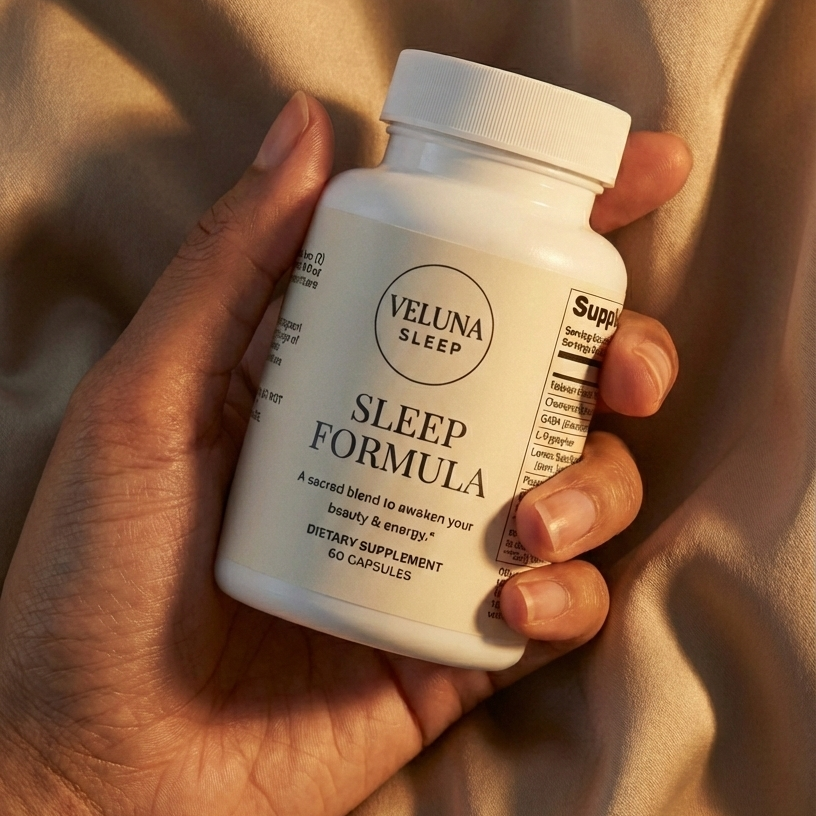 Veluna Sleep Formula Capsules bottle gripped in one hand over rumpled beige fabric in warm light