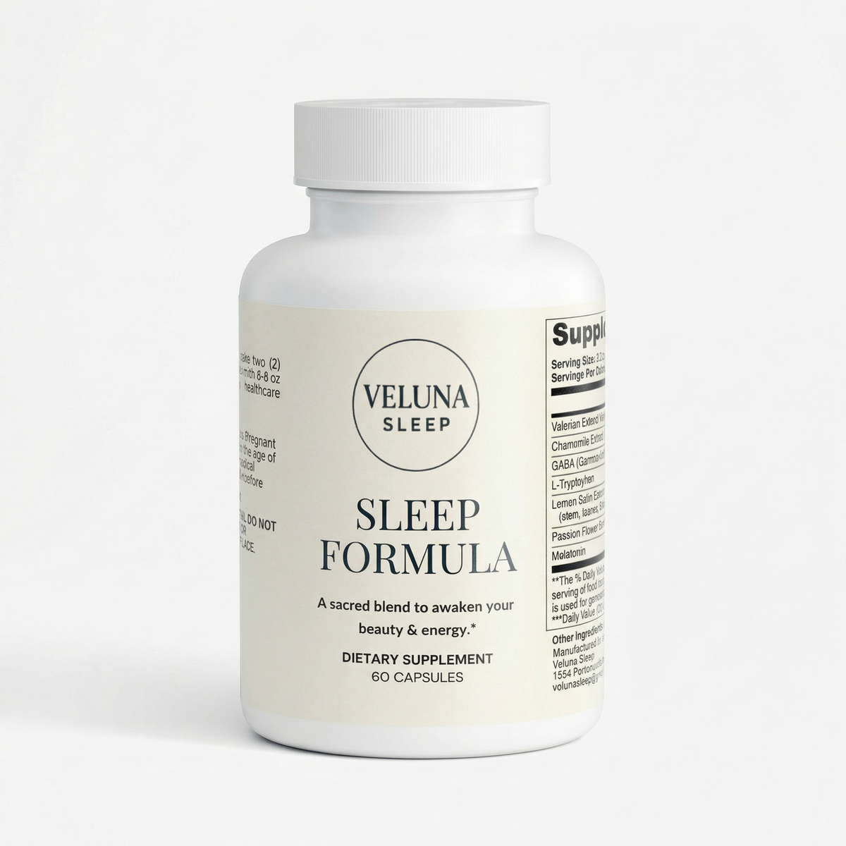 Veluna Sleep Formula Capsules, 60-count bottle with a cream label, pack shot on a white background