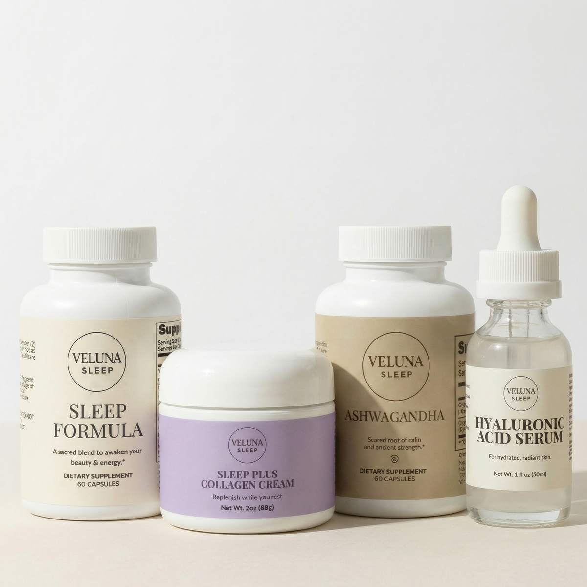 Veluna Sacred Soothe Full Bundle, Sleep Formula, Sleep Plus Collagen Night Cream, Ashwagandha and serum on white