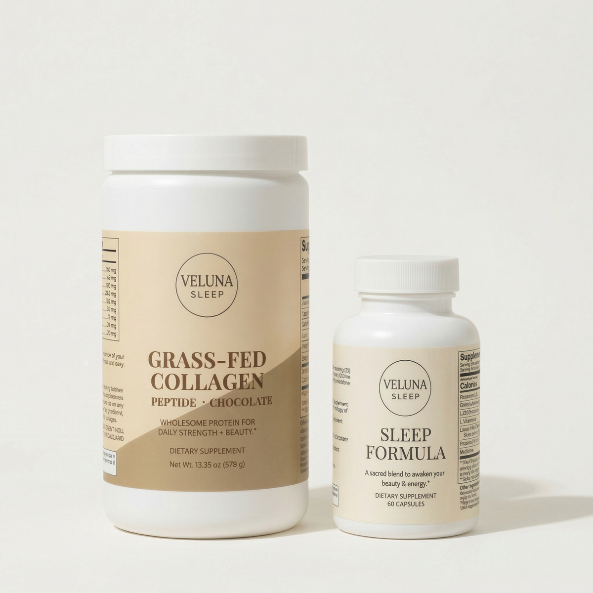 Veluna Deep Restore Booster Bundle, Grass-Fed Collagen Peptides tub and Sleep Formula Capsules on off-white