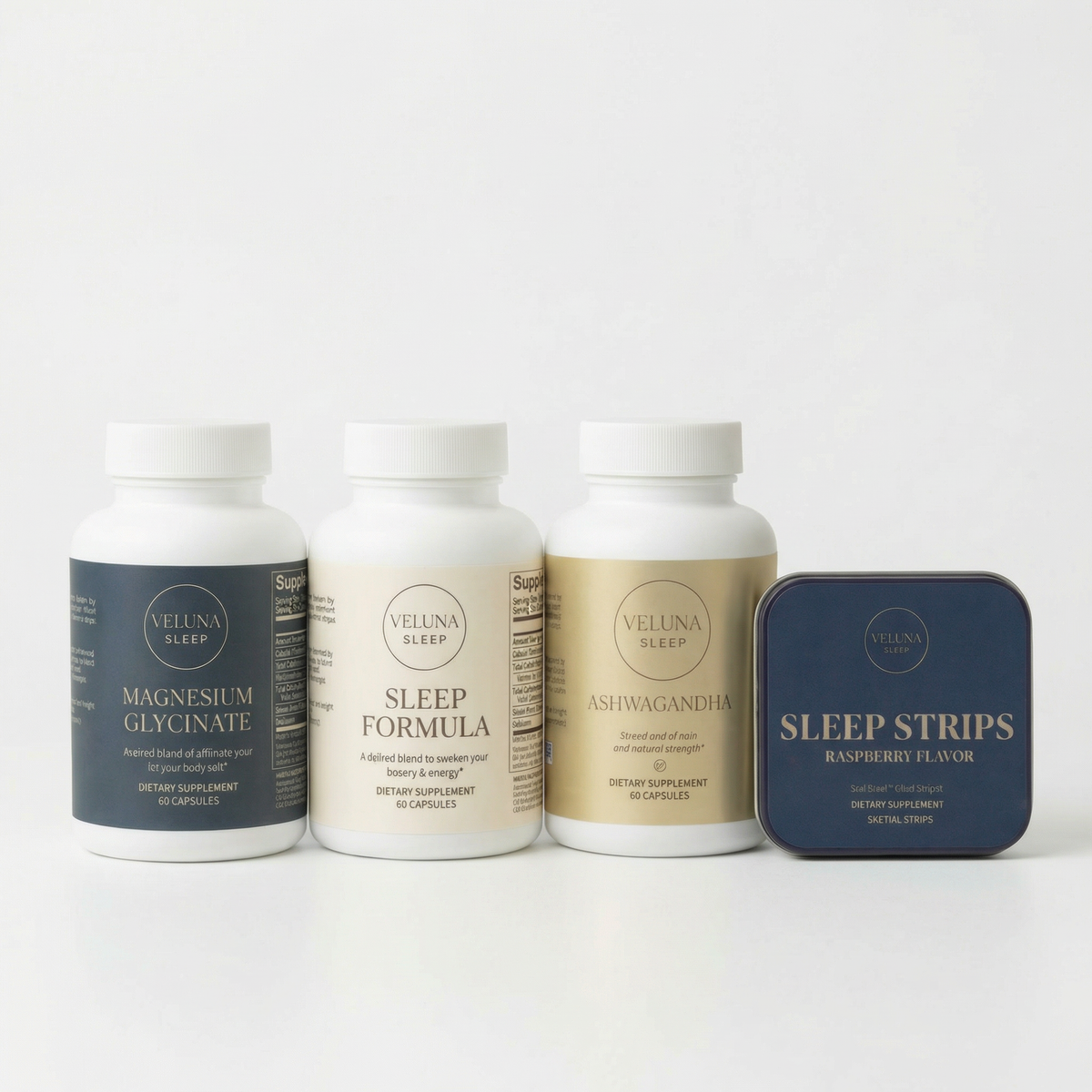 Veluna Mind Calm Full Bundle, Magnesium Glycinate, Sleep Formula, Ashwagandha and Sleep Strips in a row on white