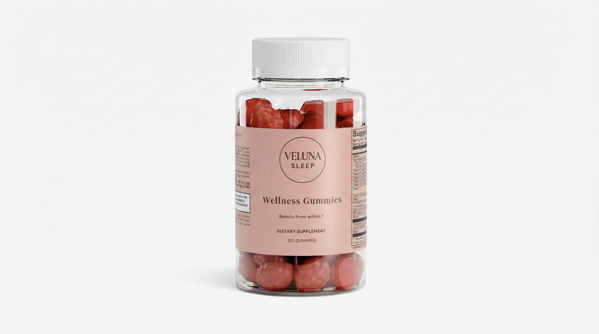 Veluna Hair, Skin & Nails Gummies, clear jar of red gummies with a pink label, pack shot on a white background
