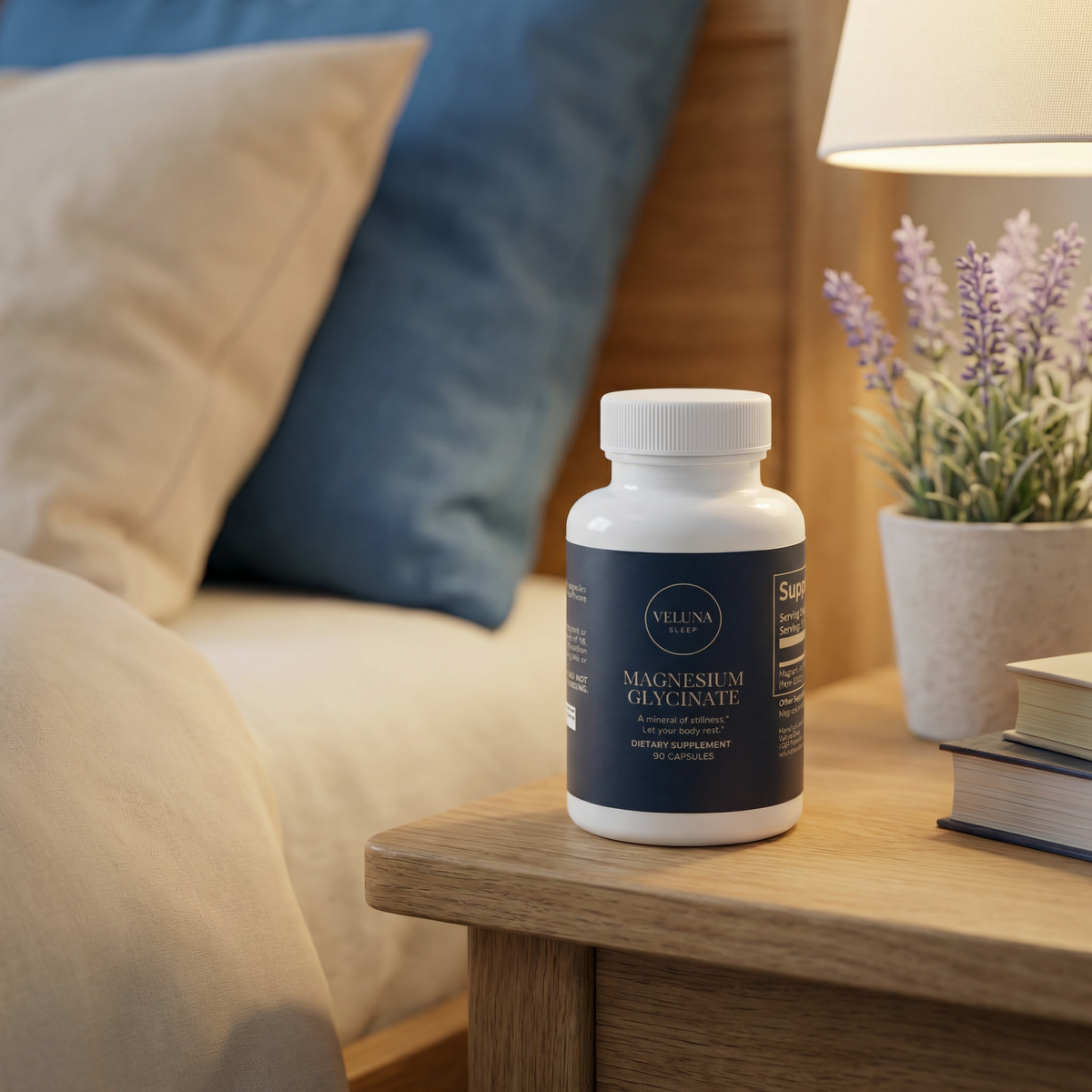 Veluna Magnesium Glycinate Capsules on an oak nightstand beside a lamp, potted lavender and books