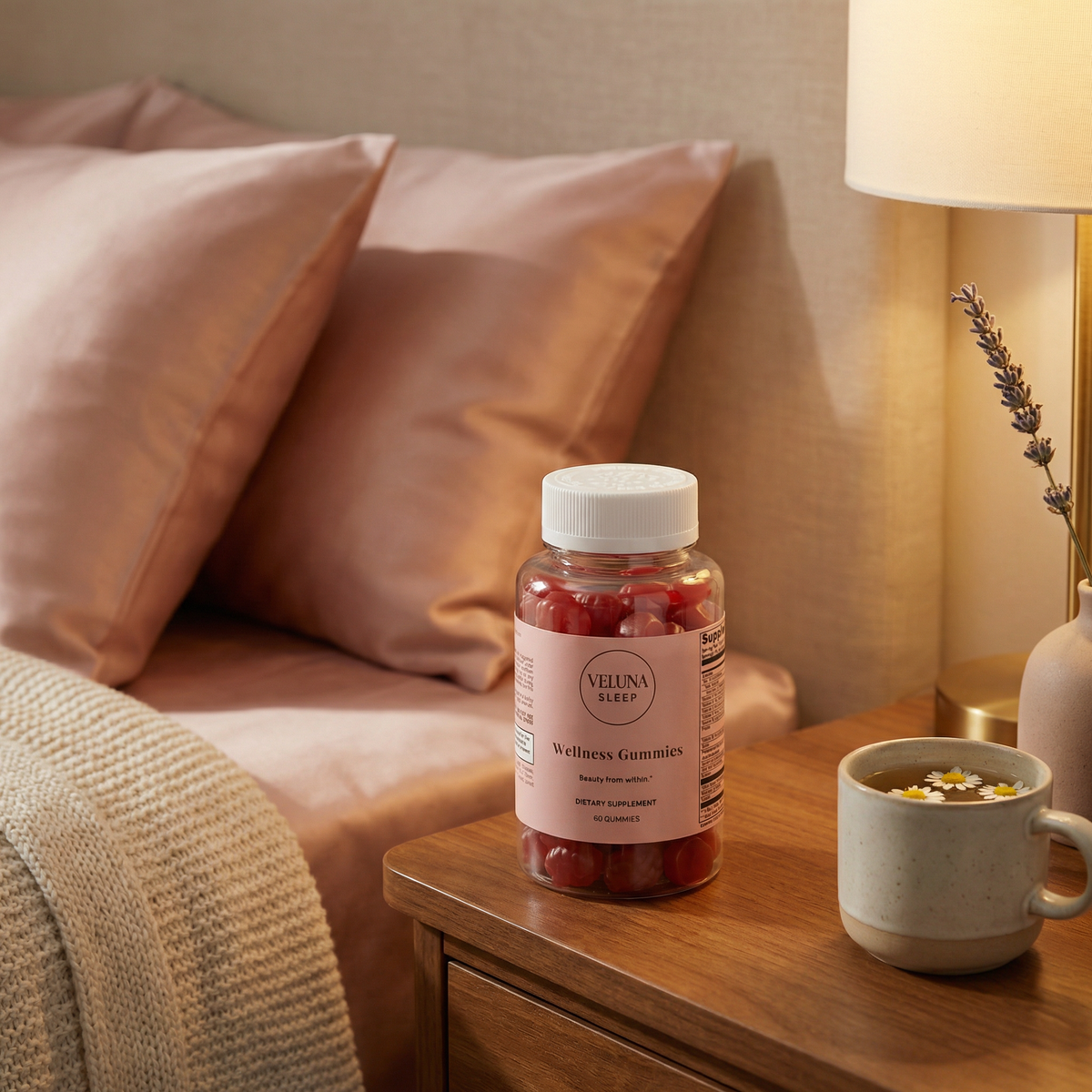 Veluna Hair, Skin & Nails Gummies on a wooden nightstand by blush bedding, a lamp and a cup of chamomile tea