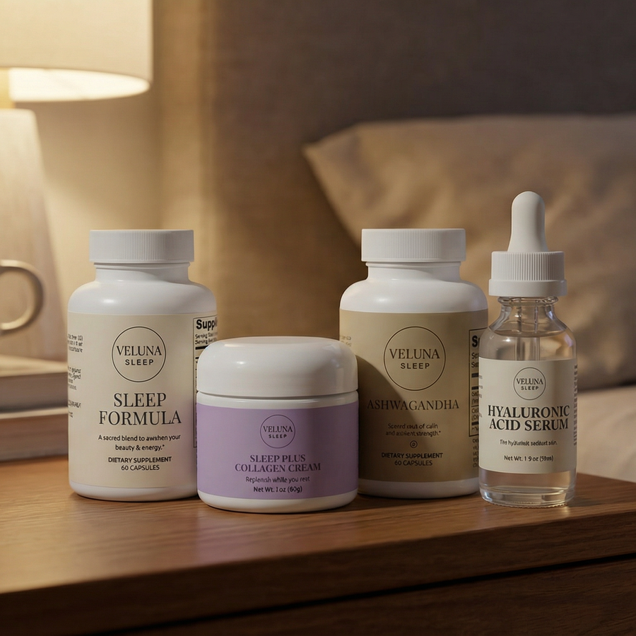 Veluna Sacred Soothe Full Bundle, two capsule bottles, lavender cream jar and serum on a nightstand by a lamp