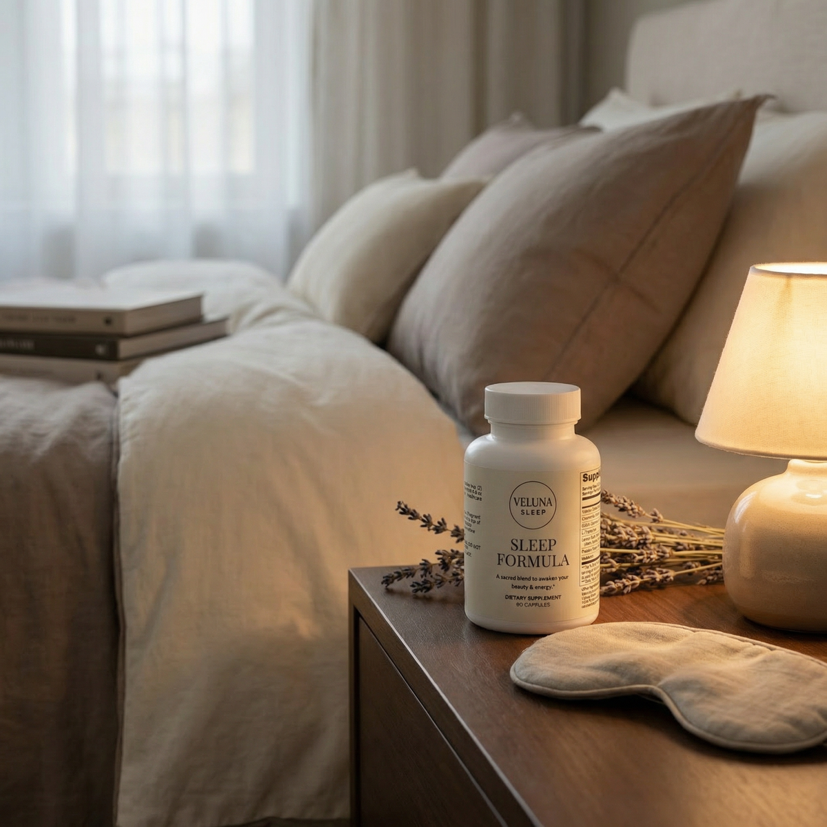 Veluna Sleep Formula Capsules on a dark wood nightstand with dried lavender, a lit lamp and an eye mask