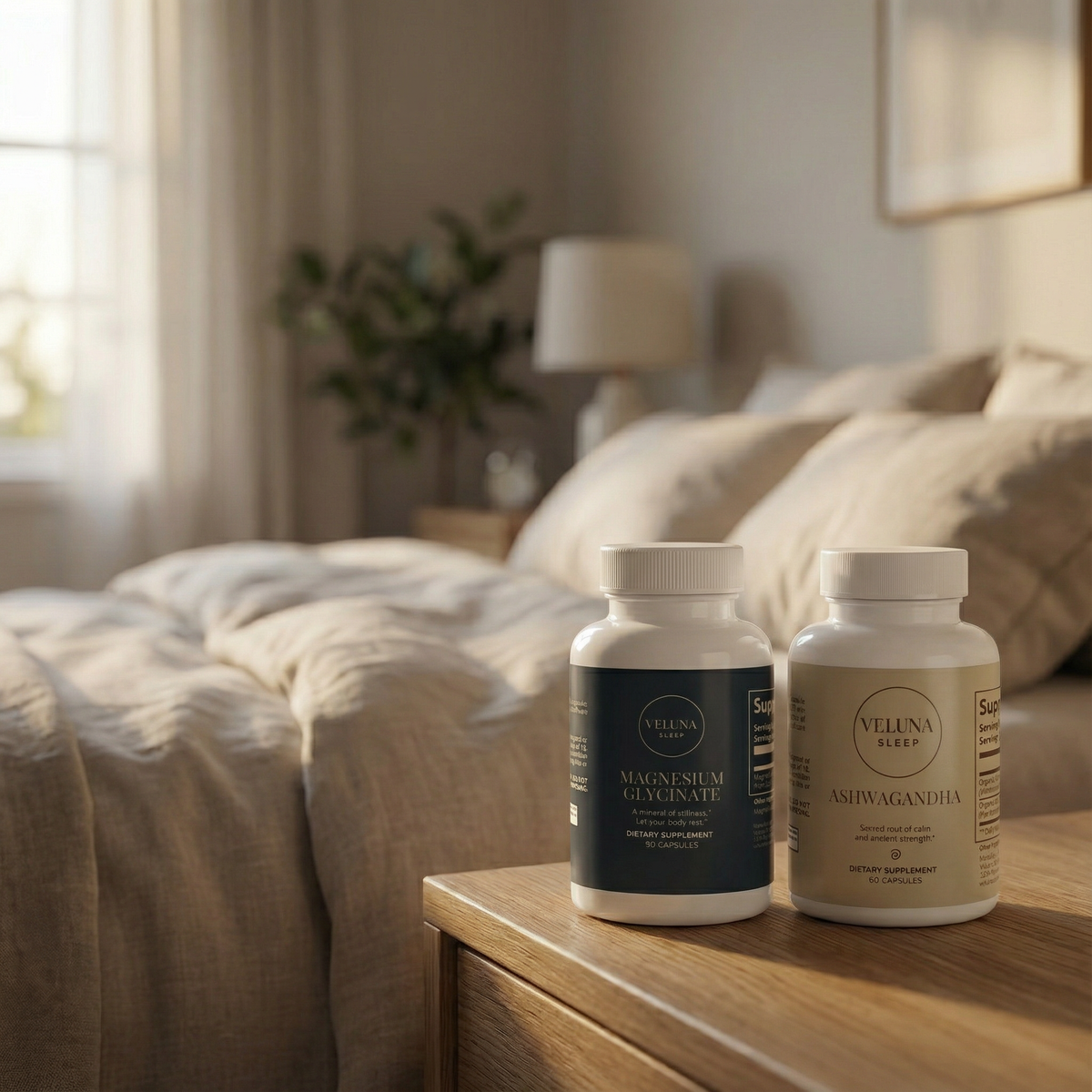 Veluna Mind Calm Starter Bundle, Magnesium Glycinate and Ashwagandha bottles on a nightstand in a sunlit bedroom