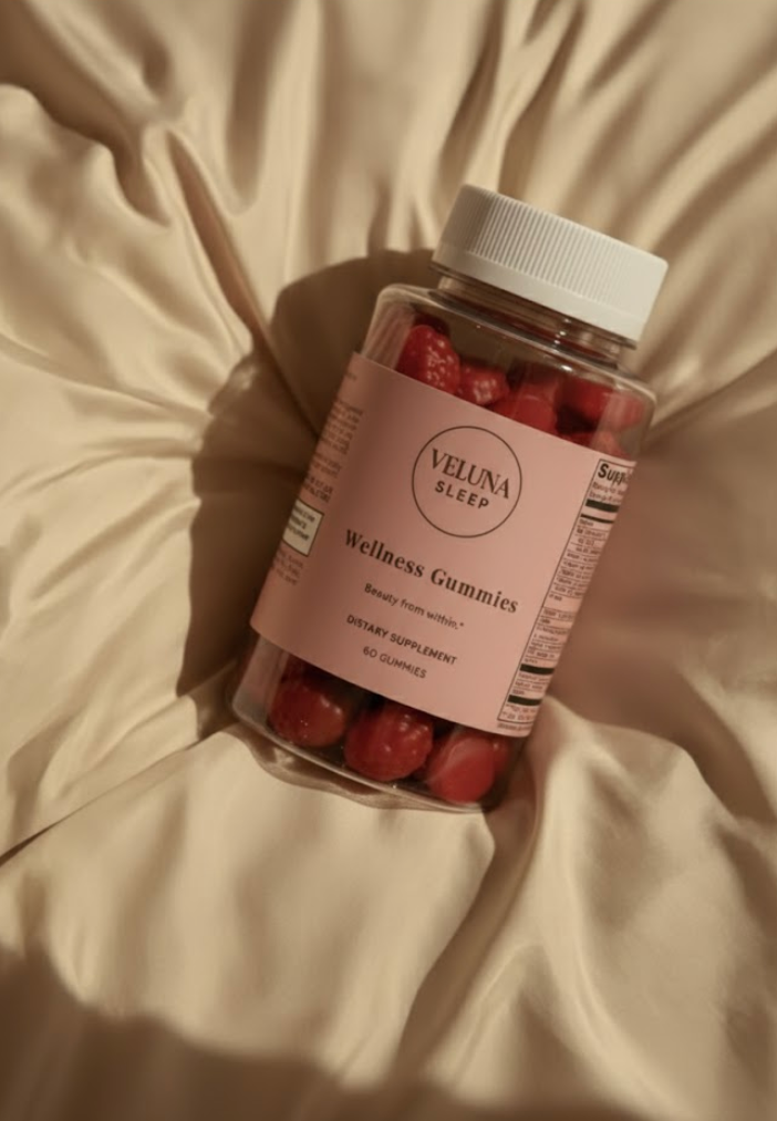 Veluna Hair, Skin & Nails Gummies jar of red gummies lying on rumpled cream satin, seen from above