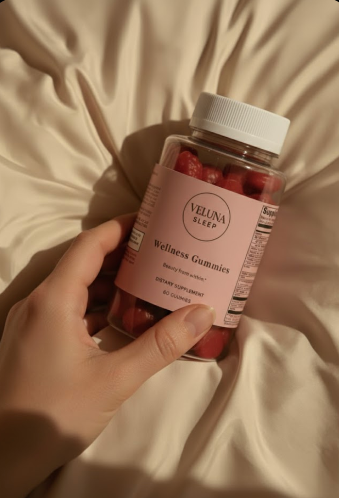 Veluna Hair, Skin & Nails Gummies jar gripped in one hand against cream satin sheets, overhead view