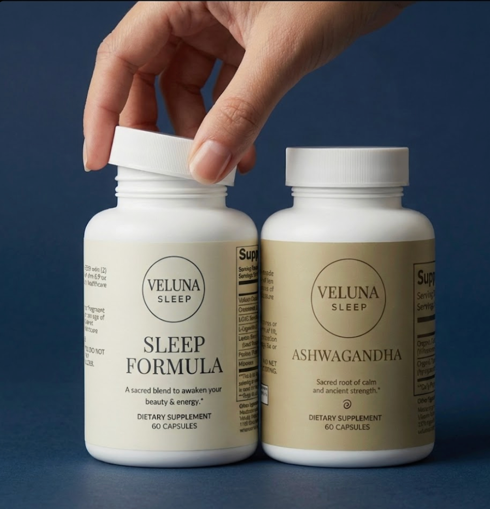 Veluna Sacred Soothe Booster Bundle on navy, a hand unscrewing the Sleep Formula cap beside Ashwagandha