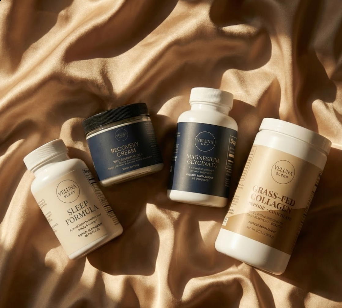 Veluna Deep Restore Full Bundle, Sleep Formula, Recovery Cream, Magnesium Glycinate and collagen on golden satin