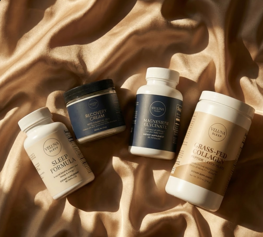 Veluna Deep Restore Full Bundle, Sleep Formula, Recovery Cream, Magnesium Glycinate and collagen on golden satin