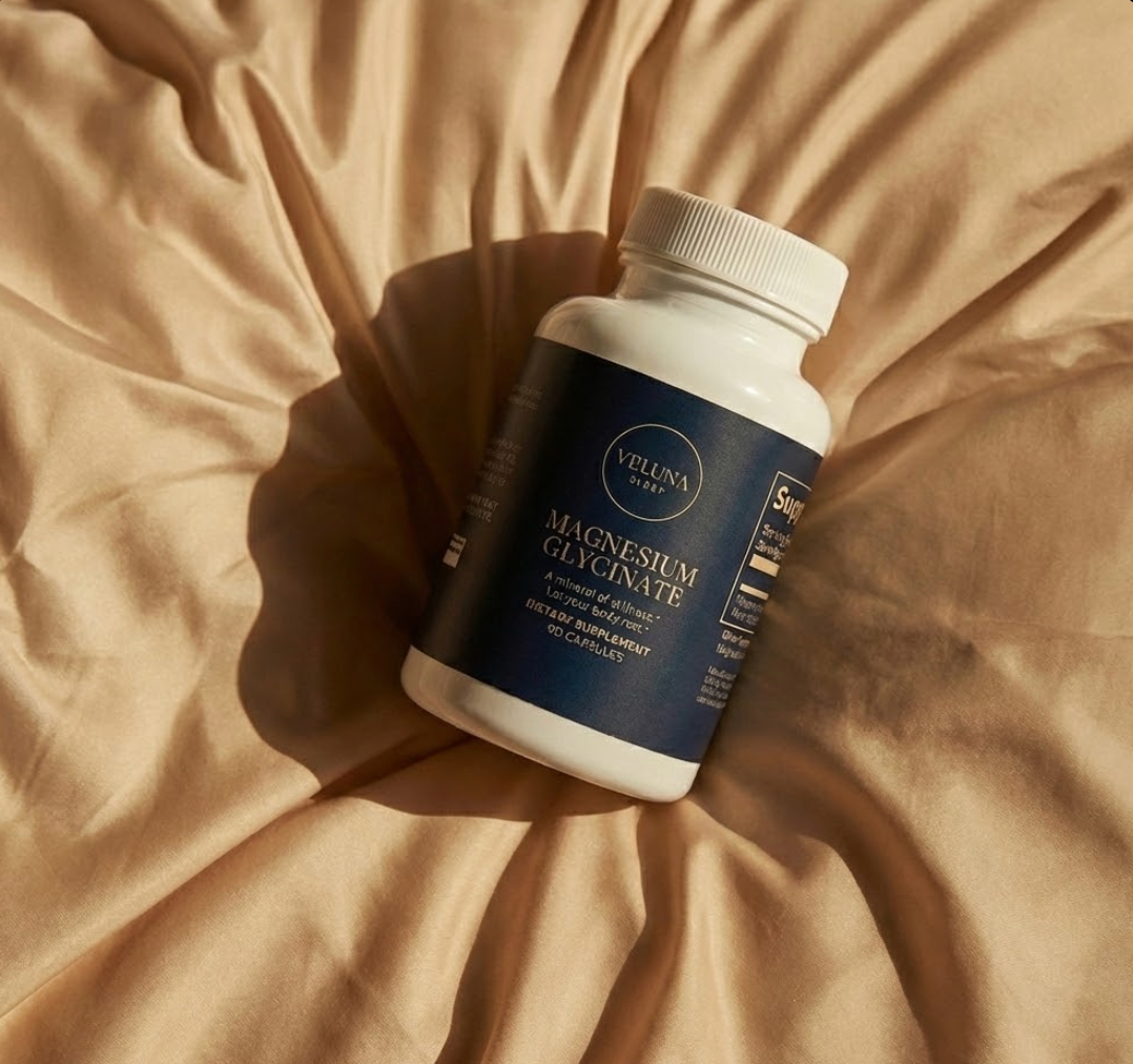 Veluna Magnesium Glycinate Capsules bottle lying on warm-lit, rumpled beige sheets, seen from above