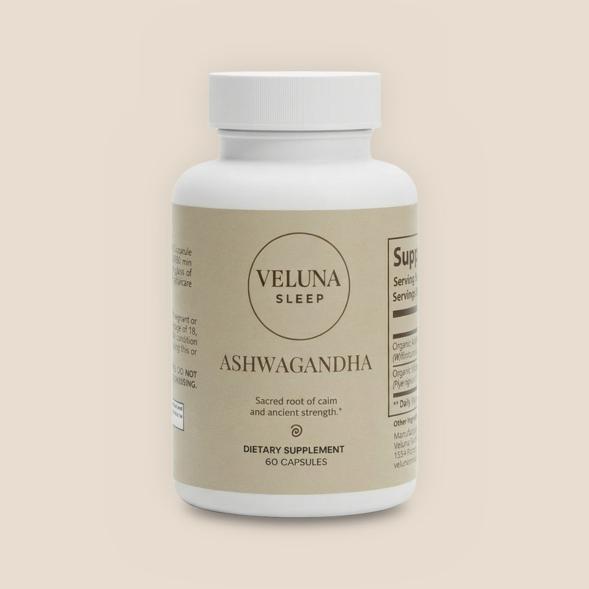 Veluna Organic Ashwagandha Capsules, 60-count bottle with a beige label, pack shot on a warm linen background