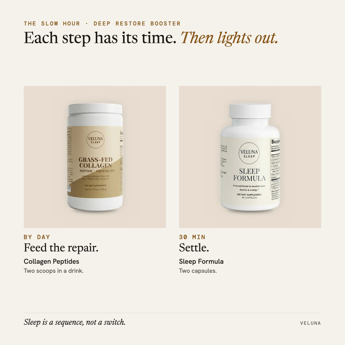 The Slow Hour: Deep Restore Booster. By day: Collagen Peptides; 30 min: Sleep Formula. Then lights out.