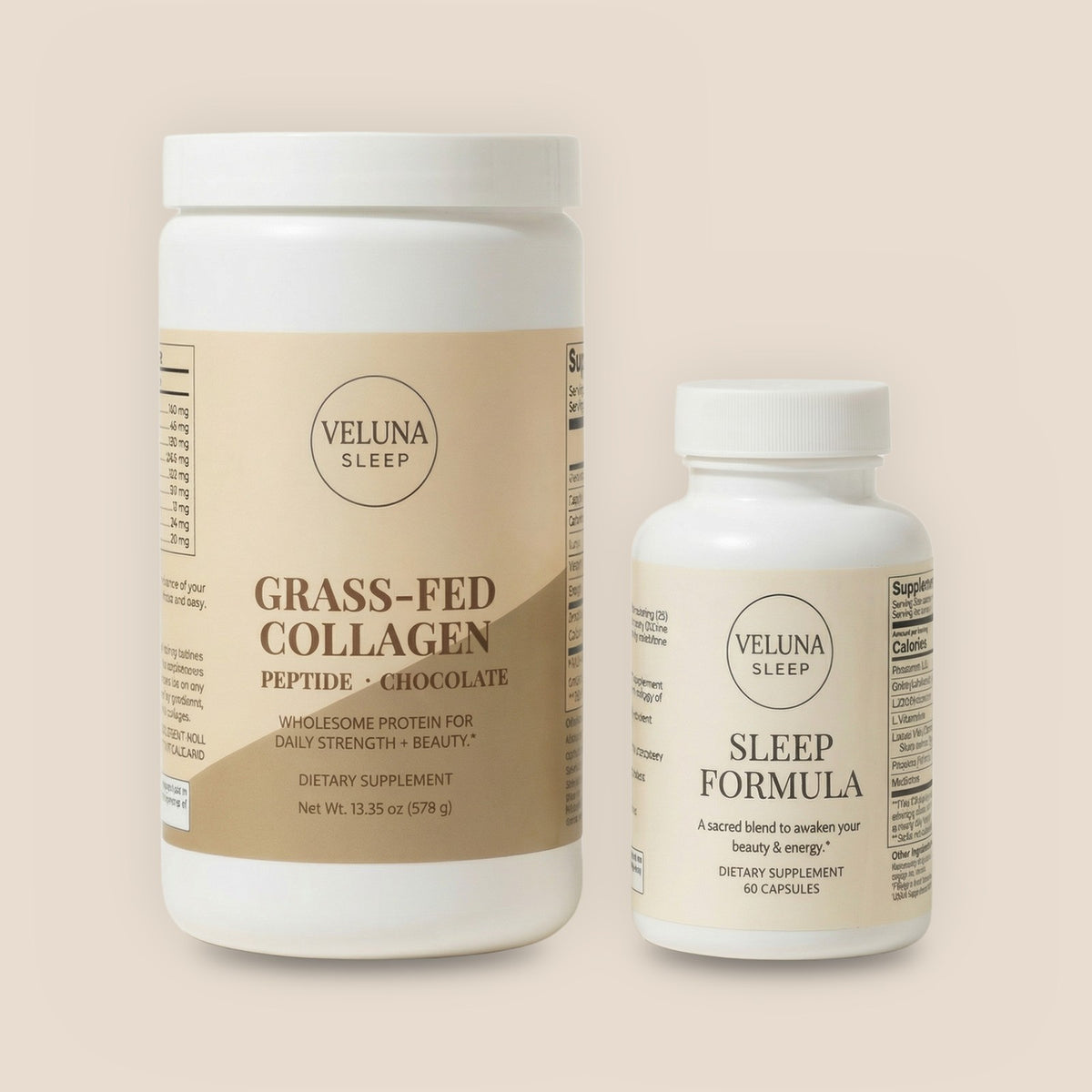 Veluna Deep Restore Booster Bundle, Grass-Fed Collagen Peptides tub and Sleep Formula Capsules on off-white, on a warm linen background