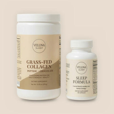 Veluna Deep Restore Booster Bundle, Grass-Fed Collagen Peptides tub and Sleep Formula Capsules on off-white, on a warm linen background