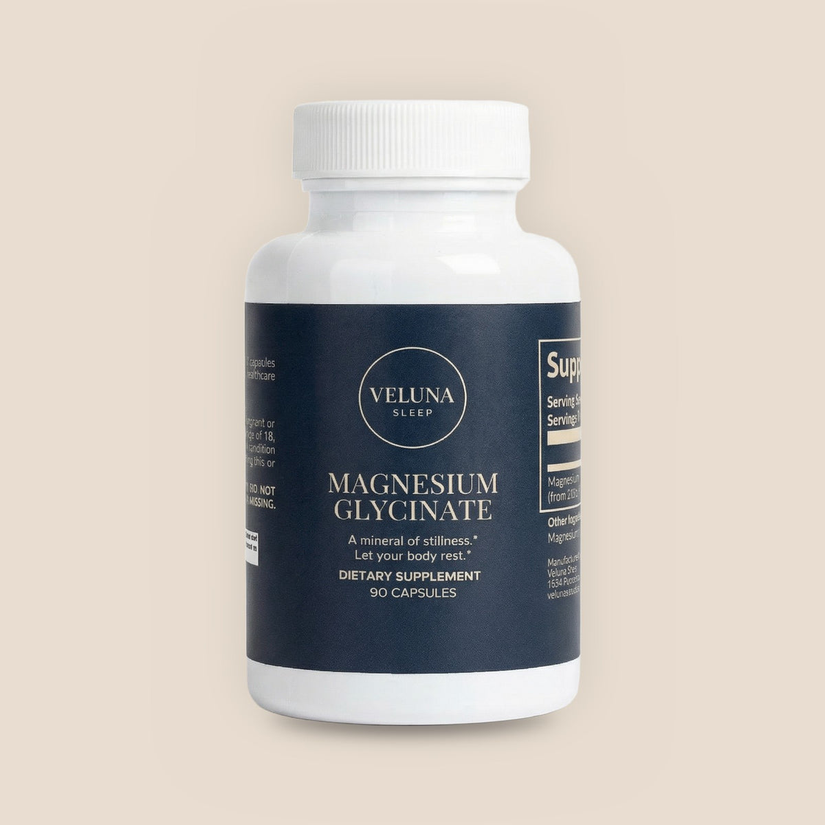 Veluna Magnesium Glycinate Capsules, 90-count bottle with a navy label, pack shot on a warm linen background