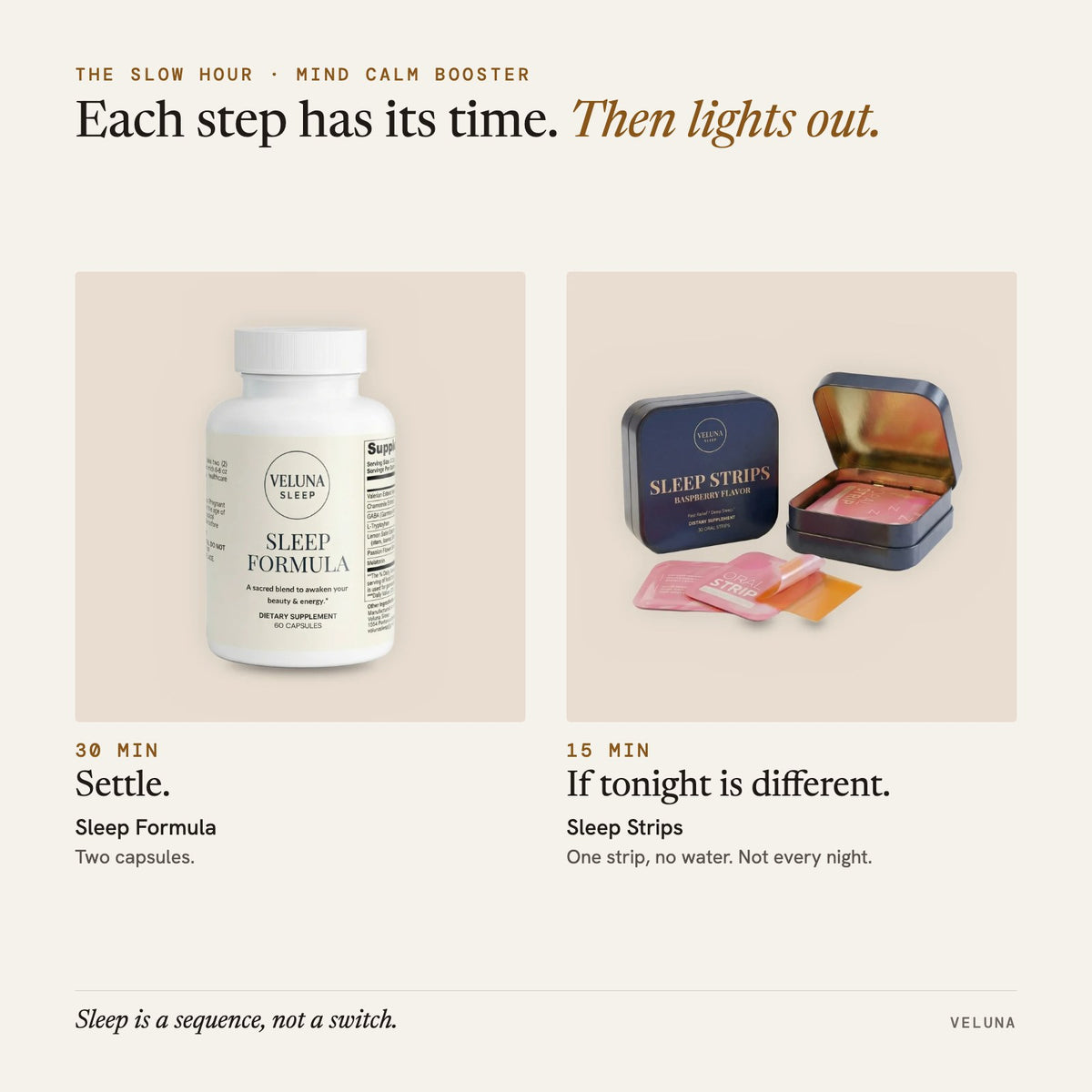 The Slow Hour: Mind Calm Booster. 30 min: Sleep Formula; 15 min: Sleep Strips. Then lights out.