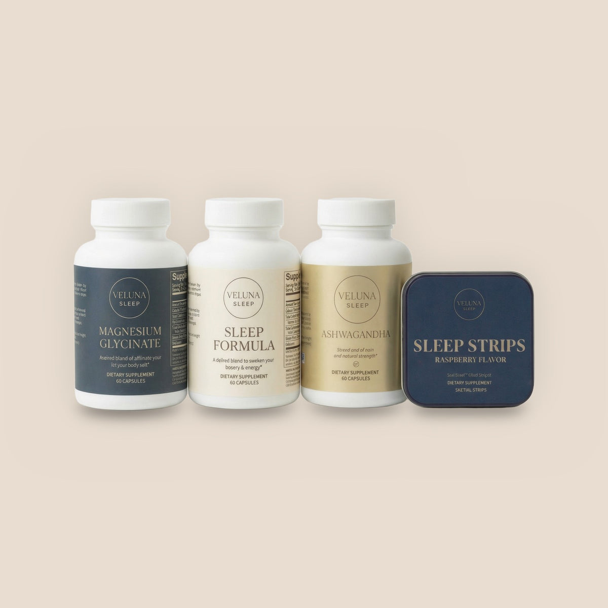 Veluna Mind Calm Full Bundle, Magnesium Glycinate, Sleep Formula, Ashwagandha and Sleep Strips in a row on white, on a warm linen background