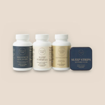 Veluna Mind Calm Full Bundle, Magnesium Glycinate, Sleep Formula, Ashwagandha and Sleep Strips in a row on white, on a warm linen background