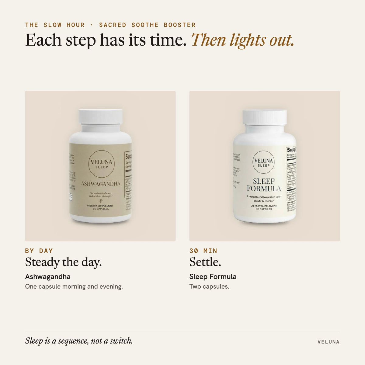 The Slow Hour: Sacred Soothe Booster. By day: Ashwagandha; 30 min: Sleep Formula. Then lights out.
