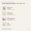 The Slow Hour: Sacred Soothe. By day: Ashwagandha; Evening: Hyaluronic Acid Serum; 45 min: Sleep Plus Collagen Cream; 30 min: Sleep Formula. Then lights out.