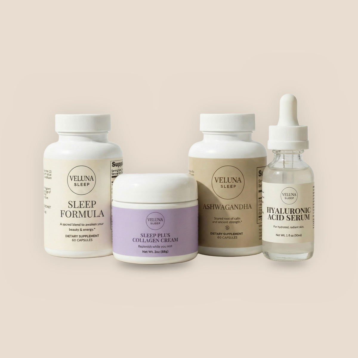 Veluna Sacred Soothe Full Bundle, Sleep Formula, Sleep Plus Collagen Night Cream, Ashwagandha and serum on white, on a warm linen background
