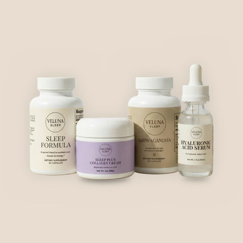 Veluna Sacred Soothe Full Bundle, Sleep Formula, Sleep Plus Collagen Night Cream, Ashwagandha and serum on white, on a warm linen background