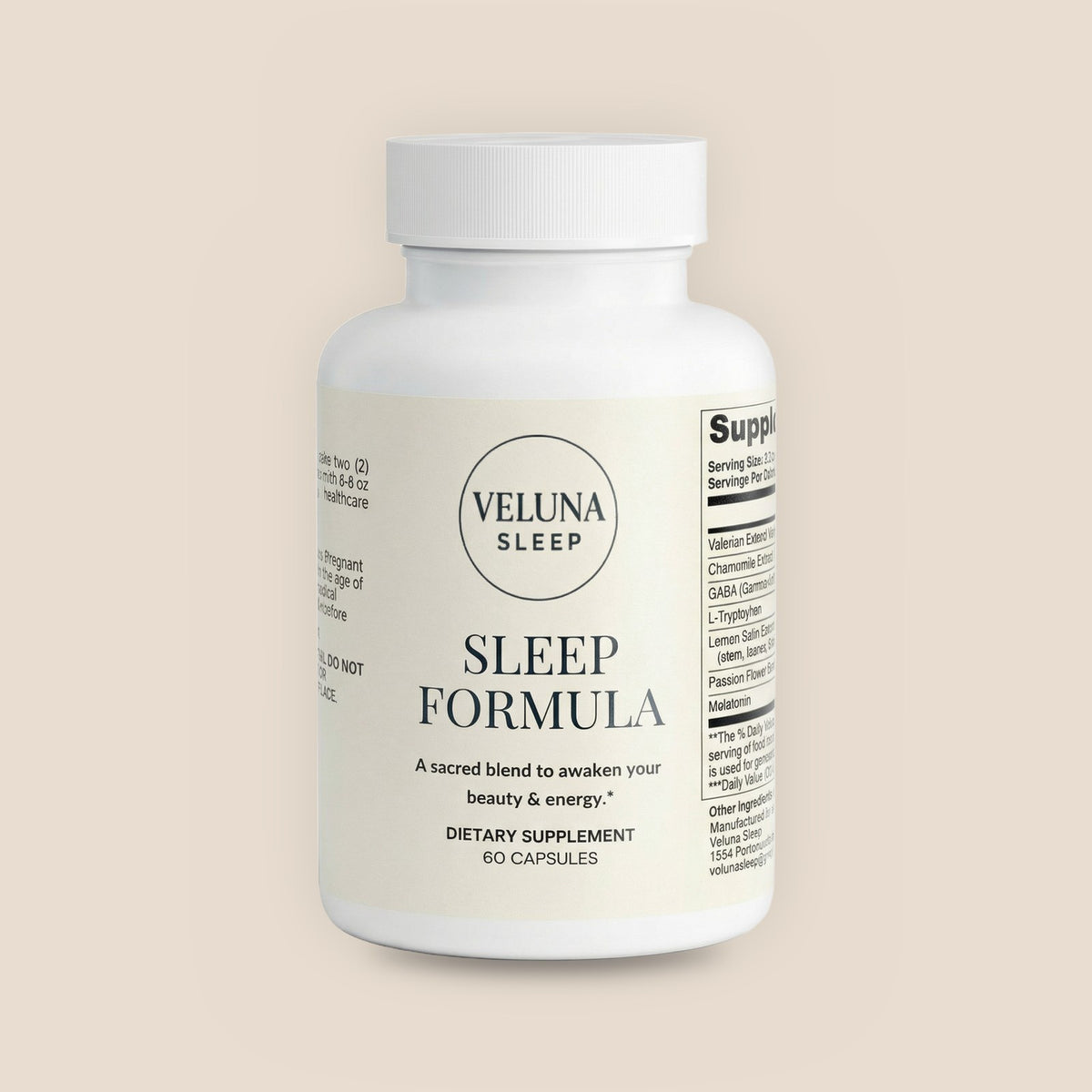 Veluna Sleep Formula Capsules, 60-count bottle with a cream label, pack shot on a warm linen background