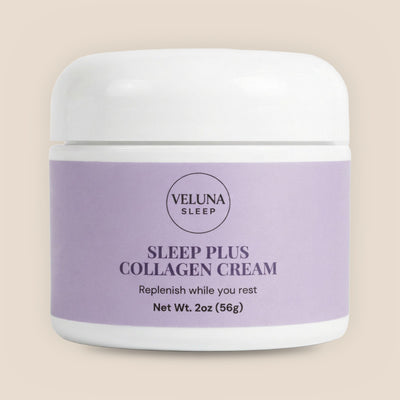 Veluna Sleep Plus Collagen Night Cream, 2 oz white jar with a lavender label, pack shot on a warm linen background